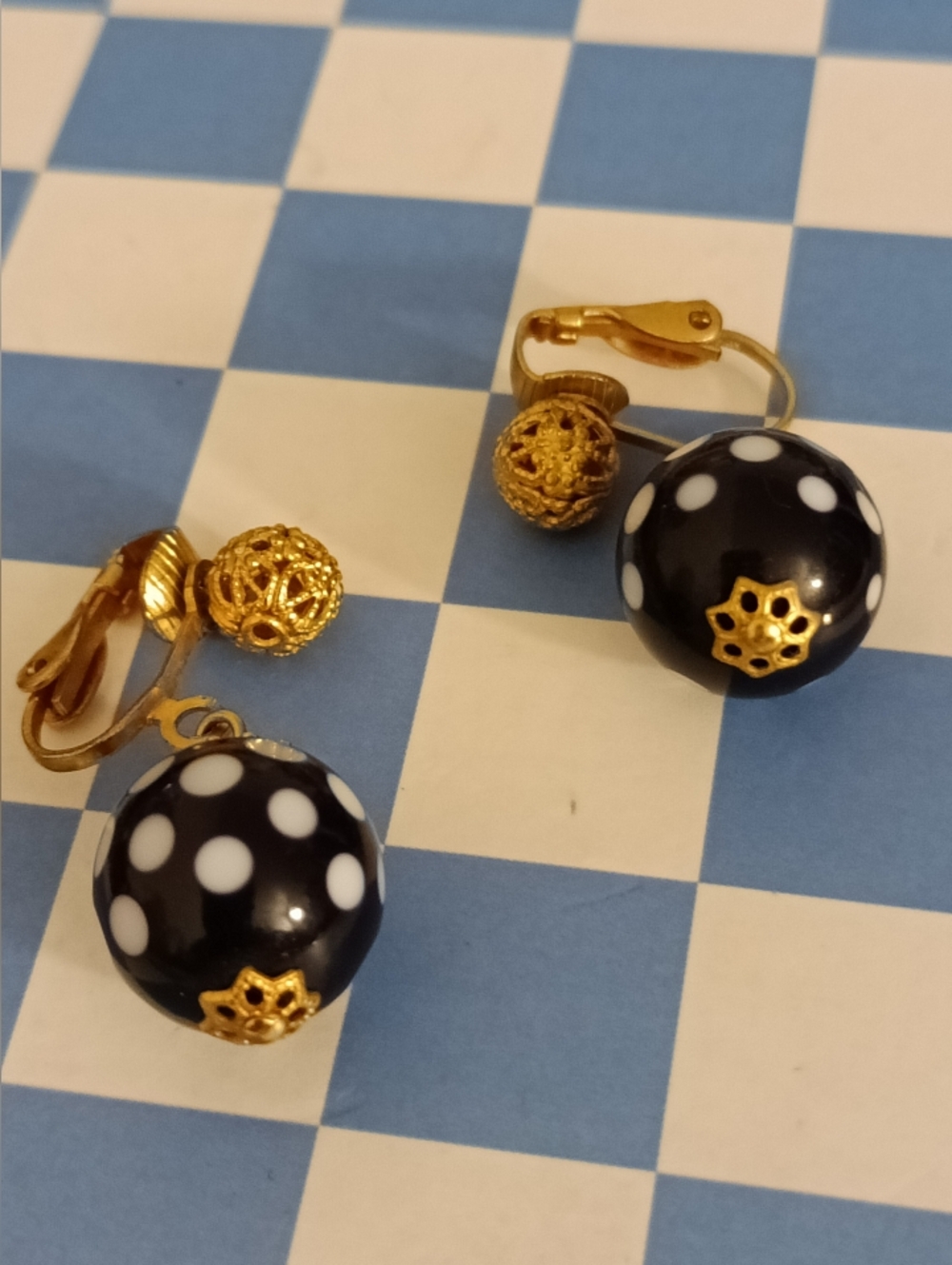 Vintage Cute Chic Bold Black and White Polka Dot Clip-On Earrings - Gold Accent